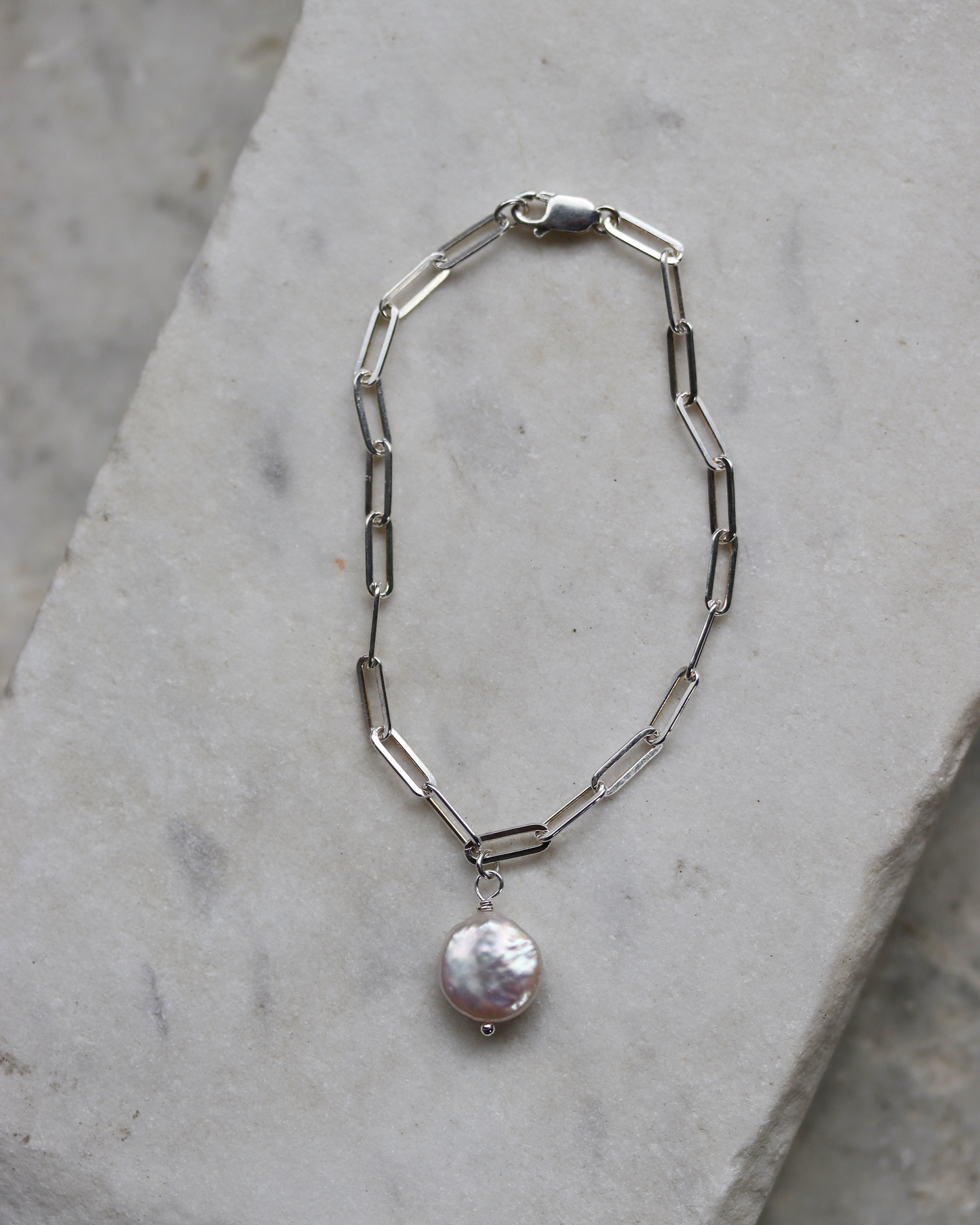 Sterling Silver Paperclip Bracelet with White Coin Pearl Charm
