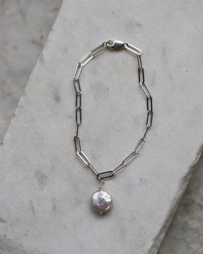 Sterling Silver Paperclip Bracelet with White Coin Pearl Charm